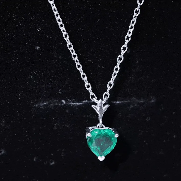 1.5 CT Heart Shape Created Emerald Solitaire Pendant Necklace