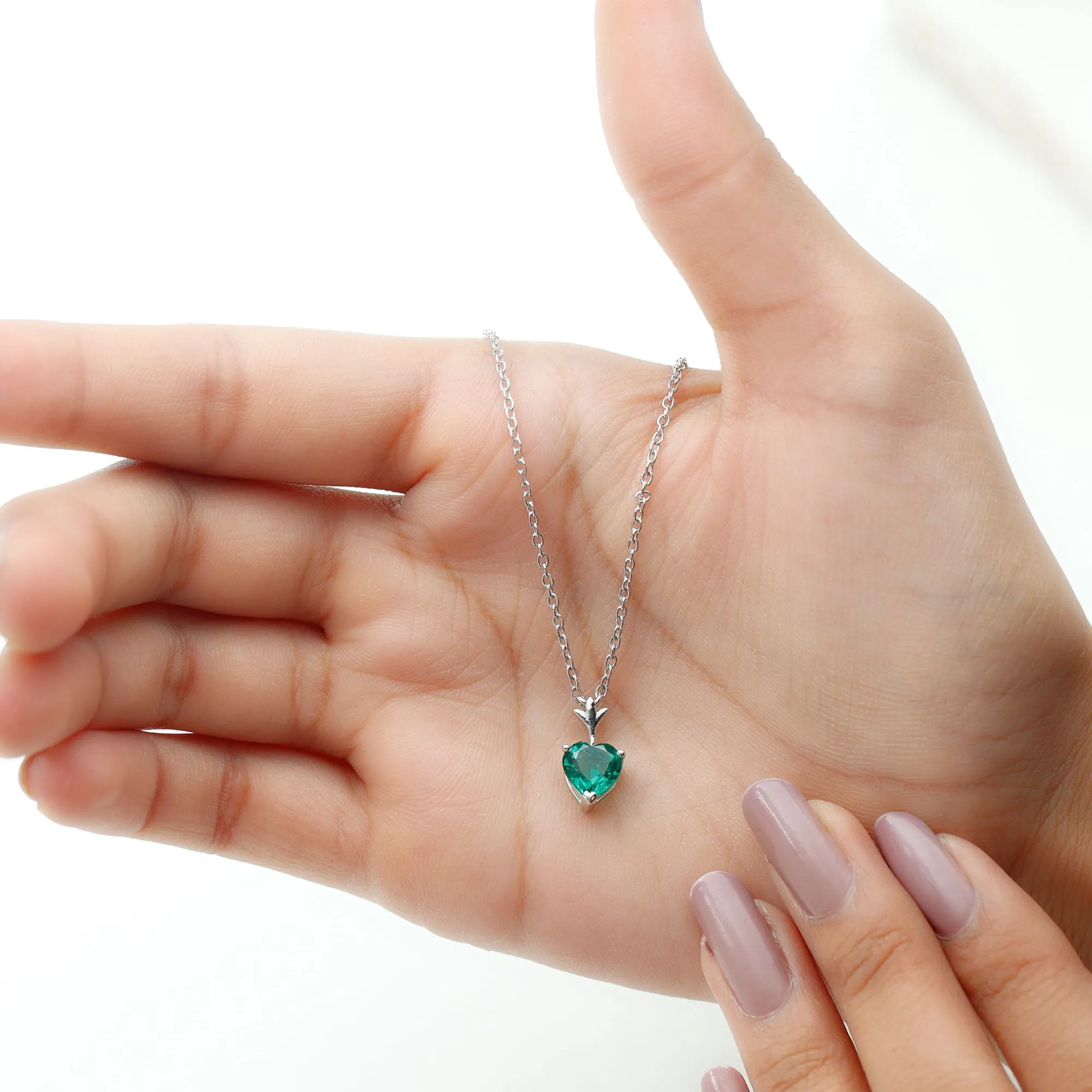 1.5 CT Heart Shape Created Emerald Solitaire Pendant Necklace