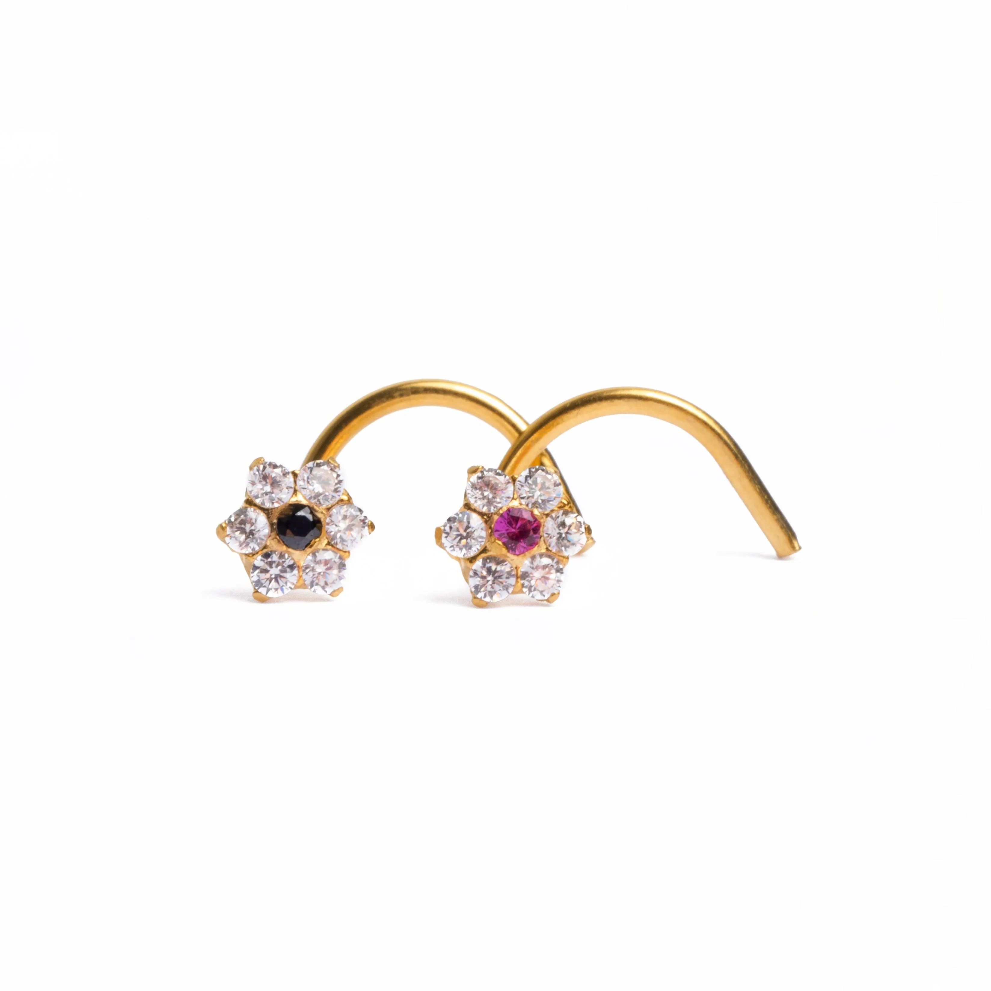 18ct Gold Nose Stud Wire Back Cluster CZ with Flower Design NS-3788