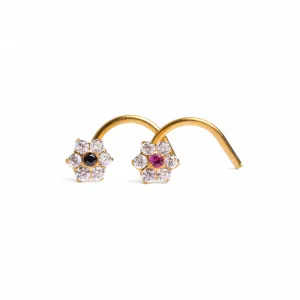 18ct Gold Nose Stud Wire Back Cluster CZ with Flower Design NS-3788