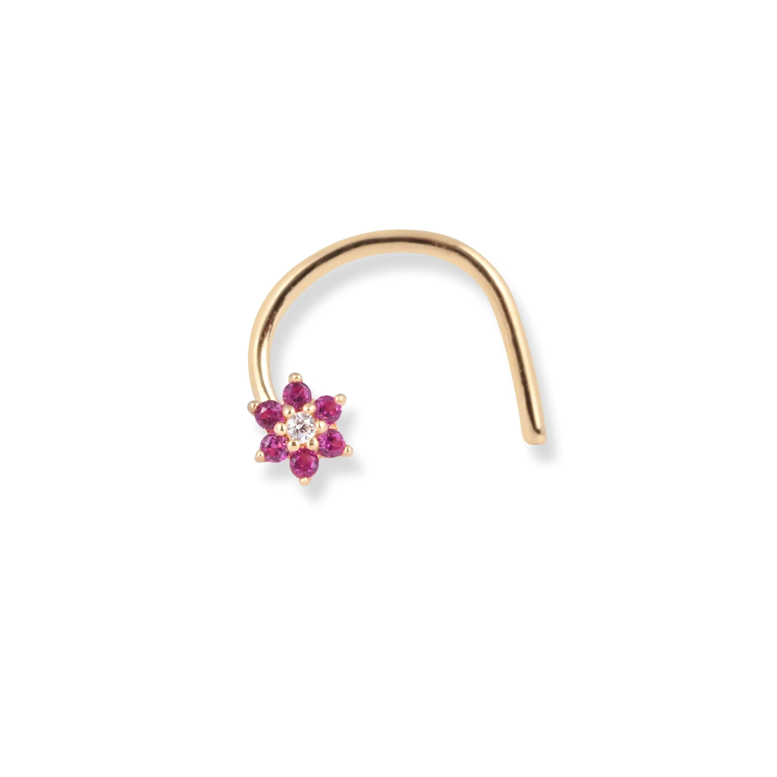 18ct Yellow Gold Flower Design Wire Back Nose Stud with 1 White & 6 Pink Cubic Zirconia Stones NS-7569