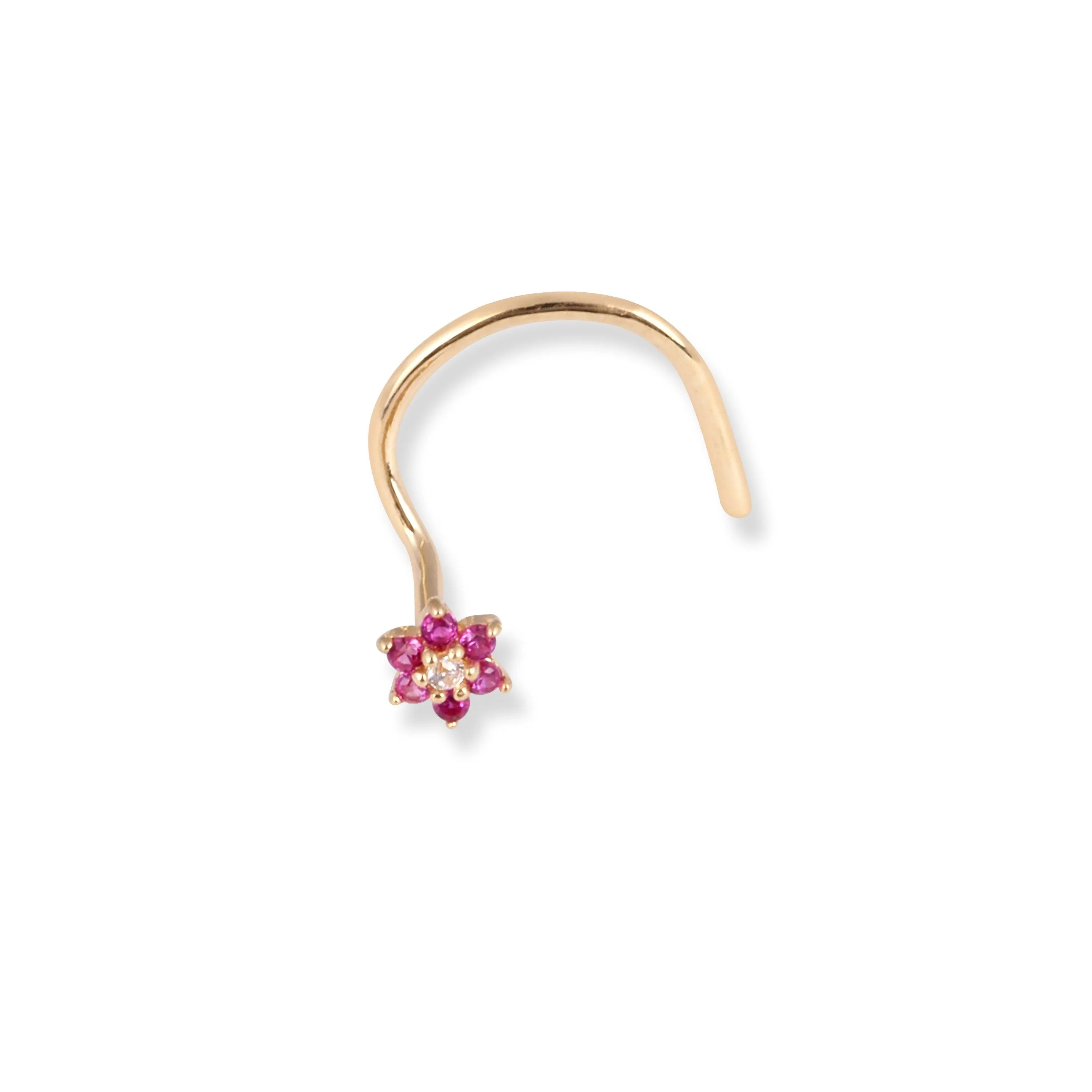 18ct Yellow Gold Flower Design Wire Back Nose Stud with 1 White & 6 Pink Cubic Zirconia Stones NS-7569