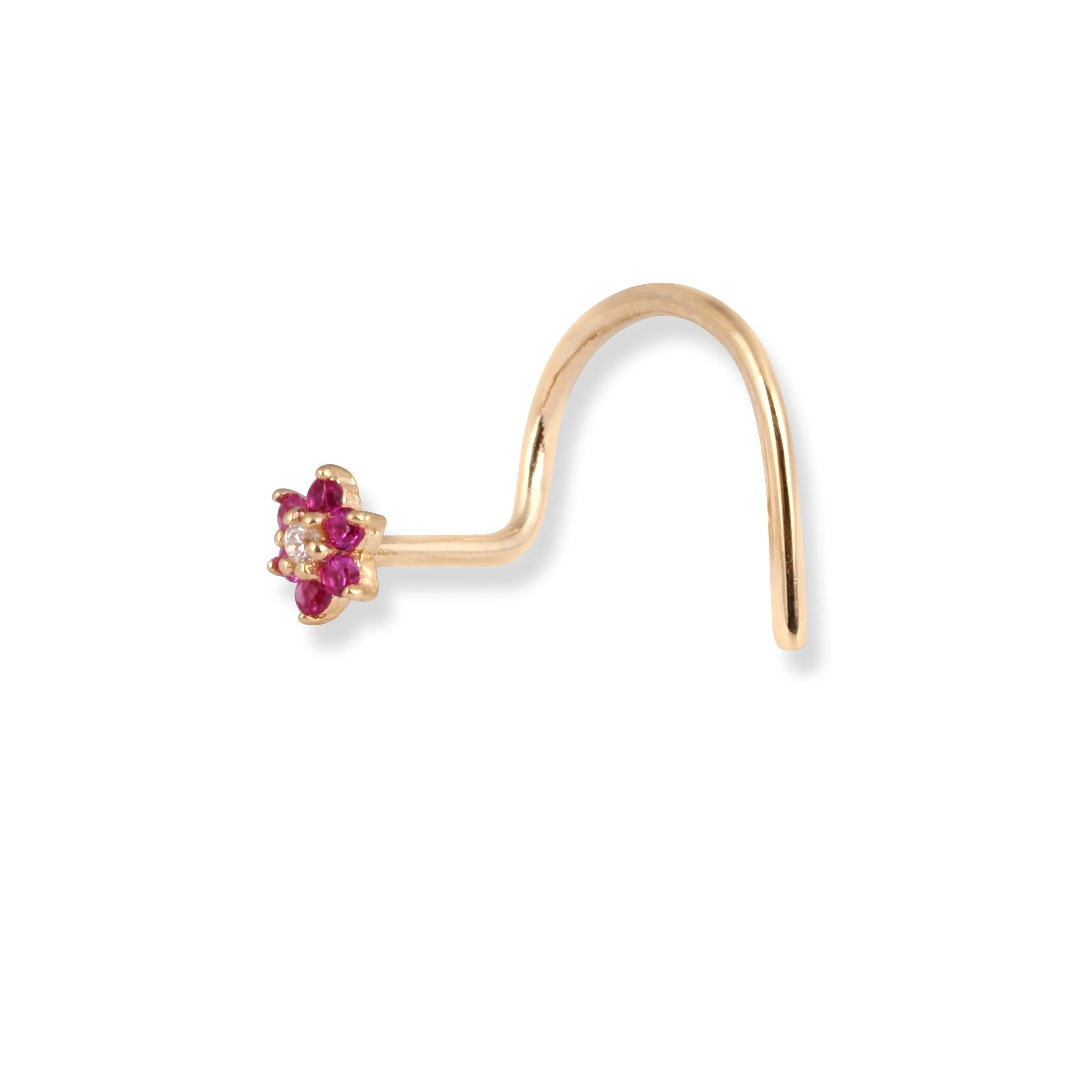 18ct Yellow Gold Flower Design Wire Back Nose Stud with 1 White & 6 Pink Cubic Zirconia Stones NS-7569