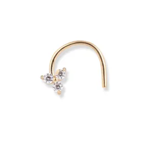 18ct Yellow Gold Flower Design Wire Back Nose Stud with 3 White Cubic Zirconia Stones NS-7574