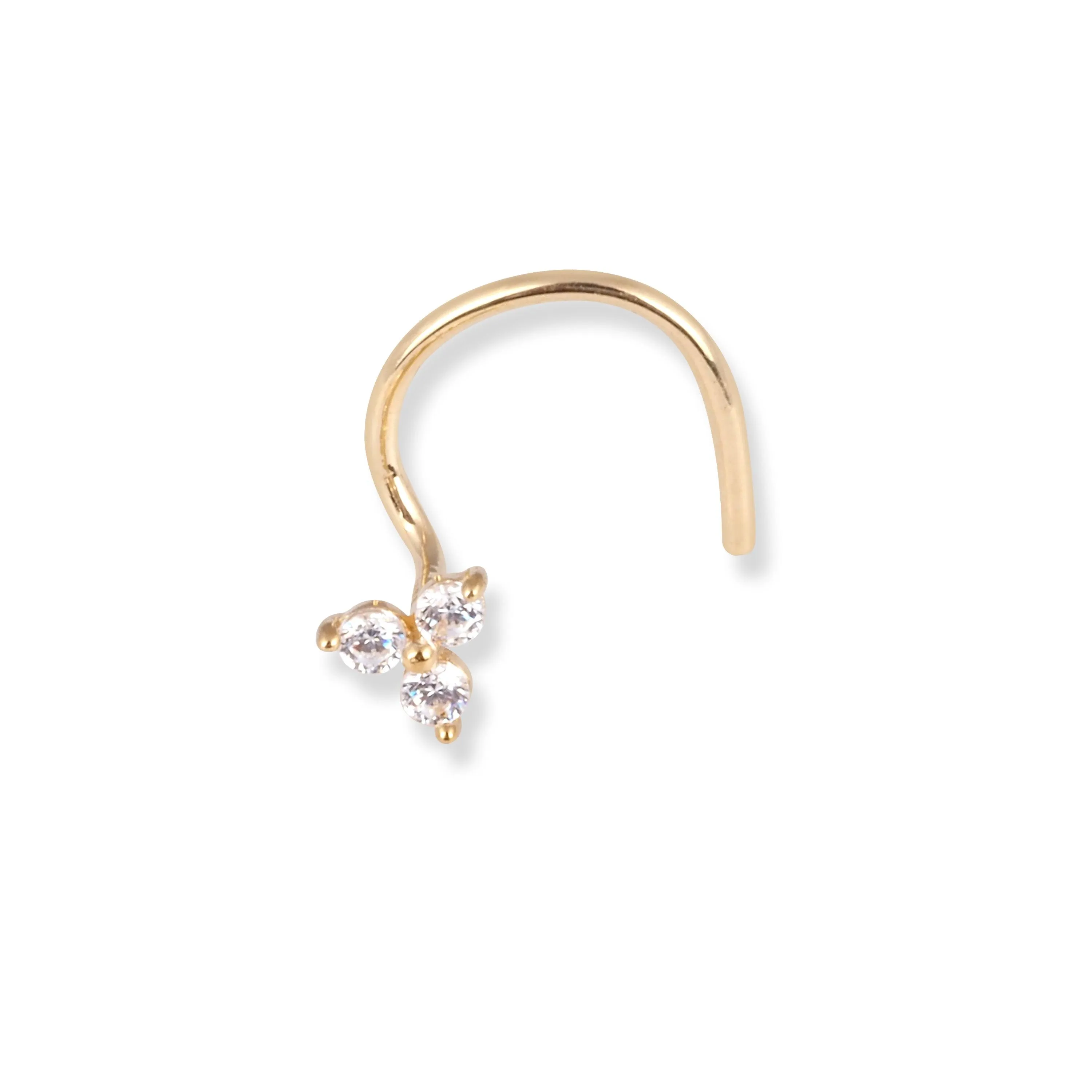 18ct Yellow Gold Flower Design Wire Back Nose Stud with 3 White Cubic Zirconia Stones NS-7574