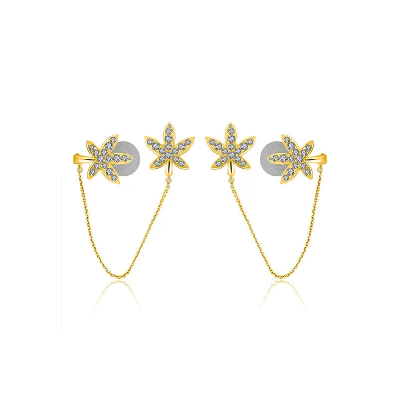 18k Gold Leaf Shape with Chain Diamond Ear Cuff & Earring