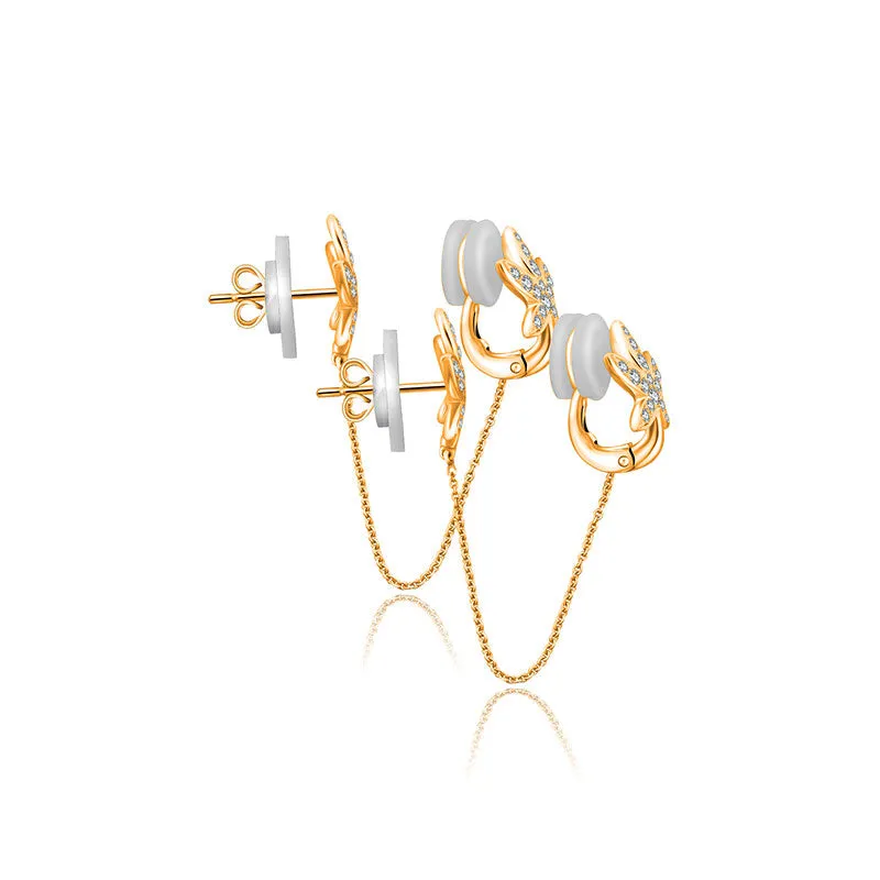 18k Gold Leaf Shape with Chain Diamond Ear Cuff & Earring