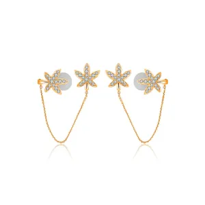 18k Gold Leaf Shape with Chain Diamond Ear Cuff & Earring