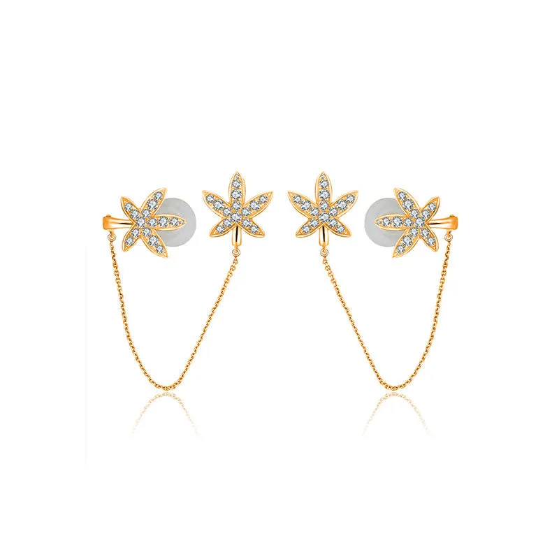 18k Gold Leaf Shape with Chain Diamond Ear Cuff & Earring