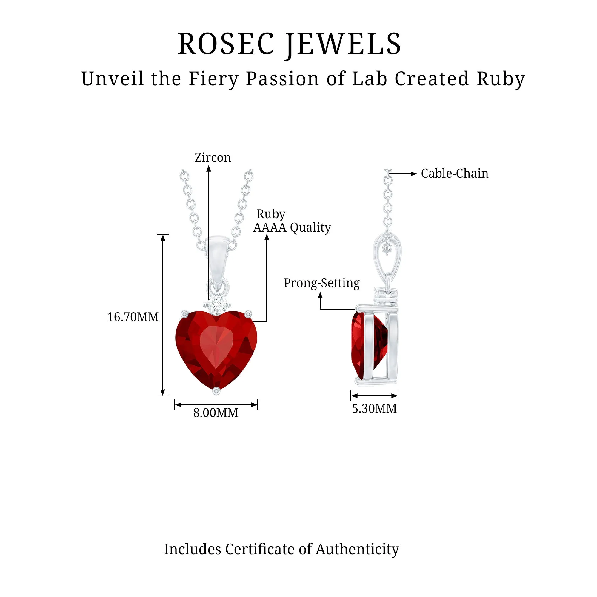 2 CT Created Ruby Heart Pendant Necklace with Zircon