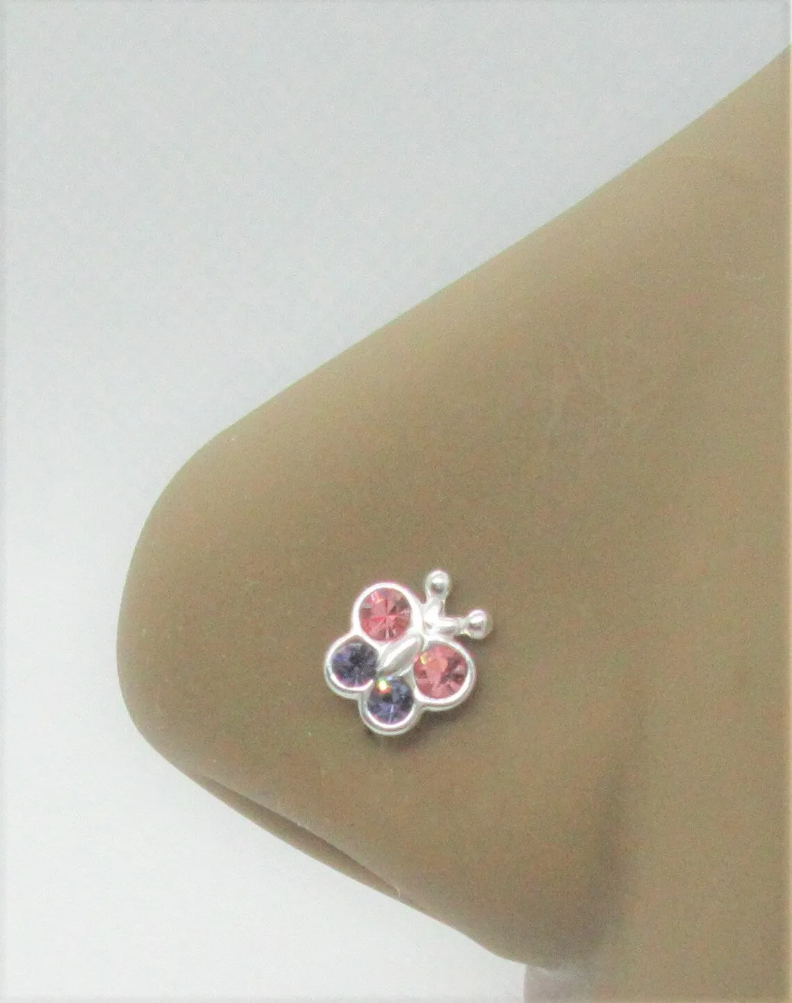 20G Nose Stud Pink Purple Nose Ring CZ Crystal Butterfly Sterling Silver L Shape Nose Stud 20 gauge Nose Jewelry Nostril Ring