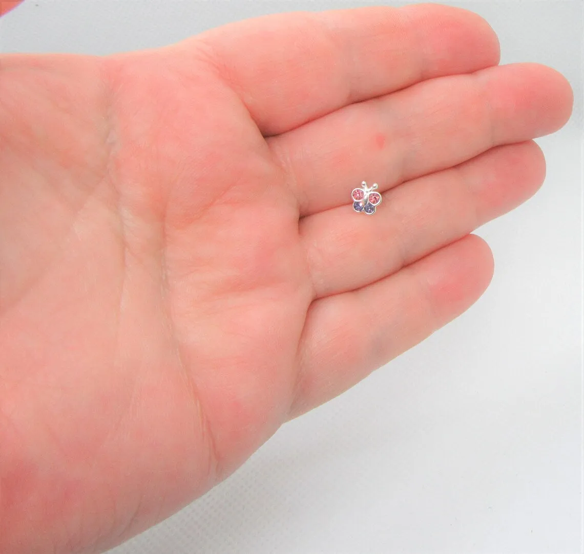 20G Nose Stud Pink Purple Nose Ring CZ Crystal Butterfly Sterling Silver L Shape Nose Stud 20 gauge Nose Jewelry Nostril Ring