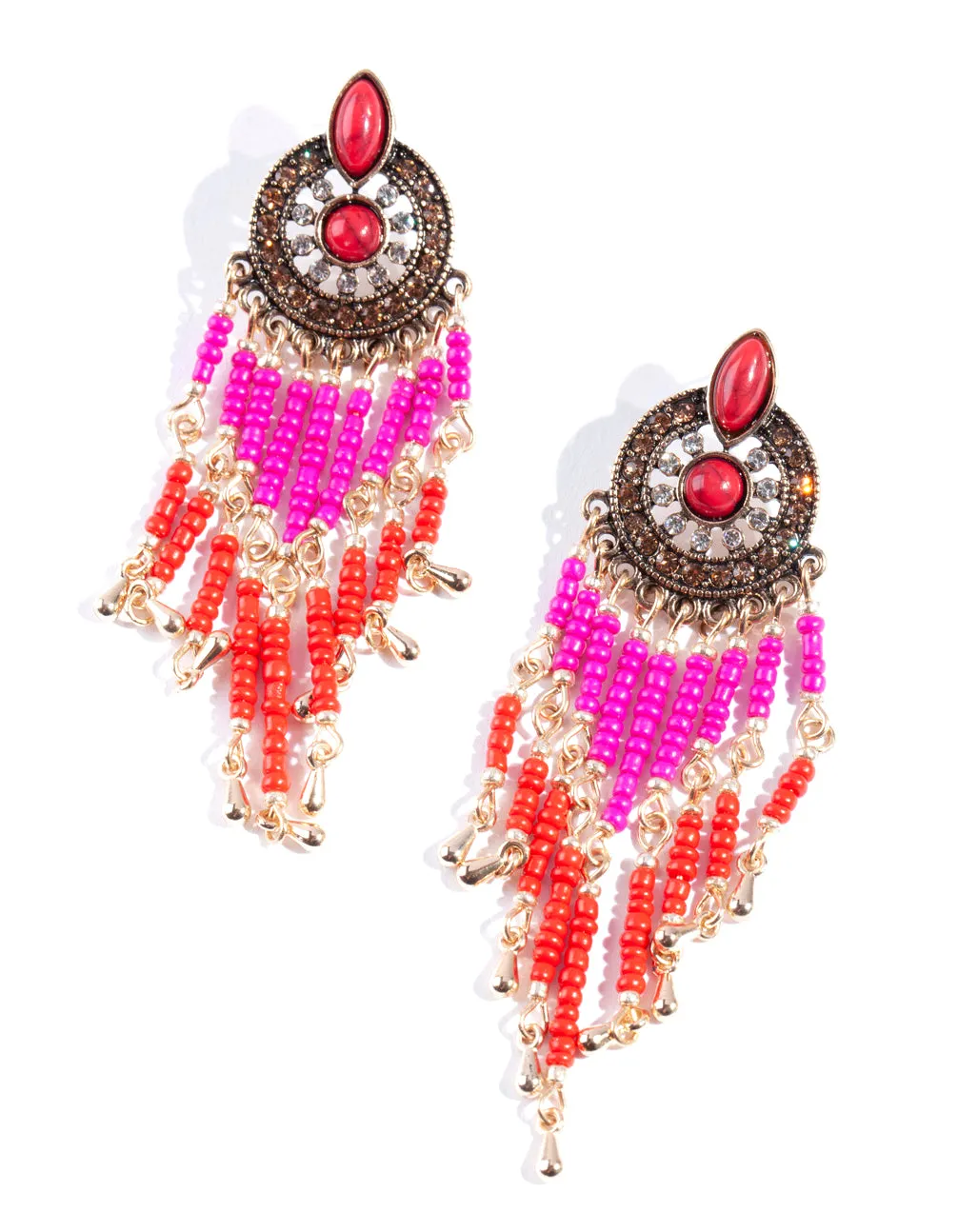 Antique Gold Pink Beaded Red Tassel Earring