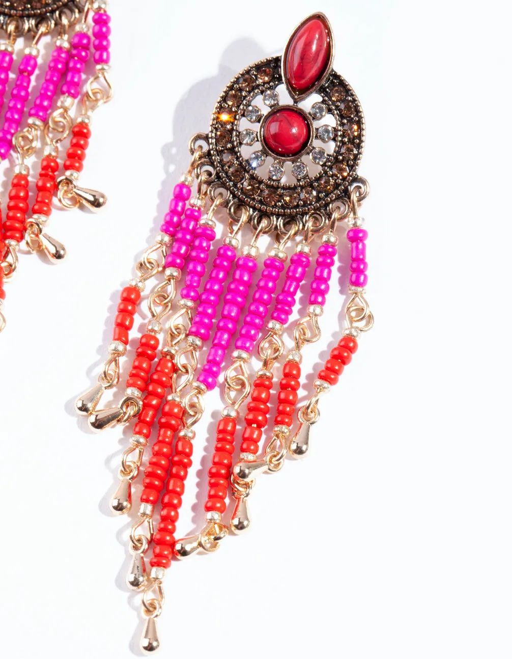 Antique Gold Pink Beaded Red Tassel Earring