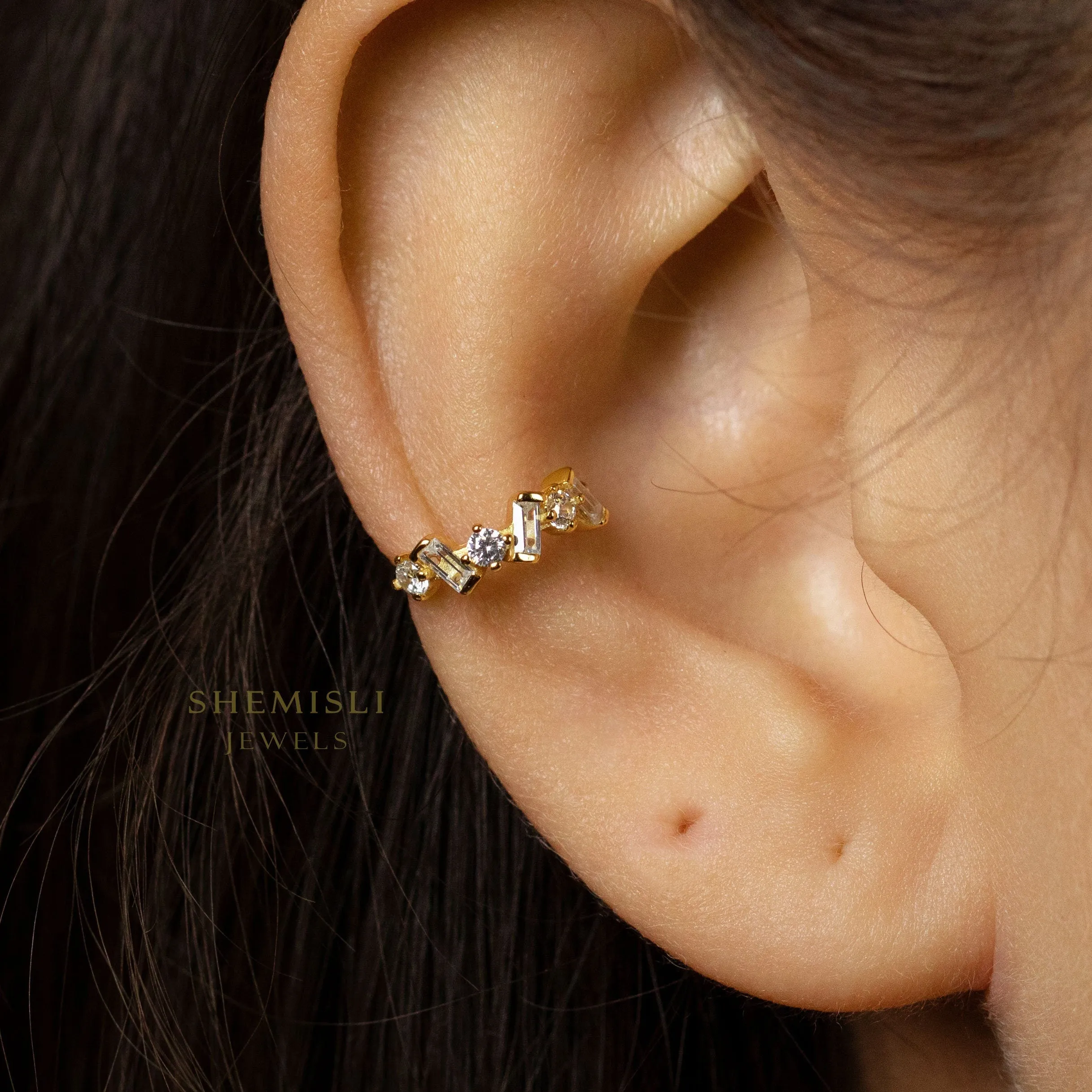 Baguette and round CZ Ear Conch Cuff, Earring No Piercing is Needed, Unisex, Gold, Silver SHEMISLI - SF047