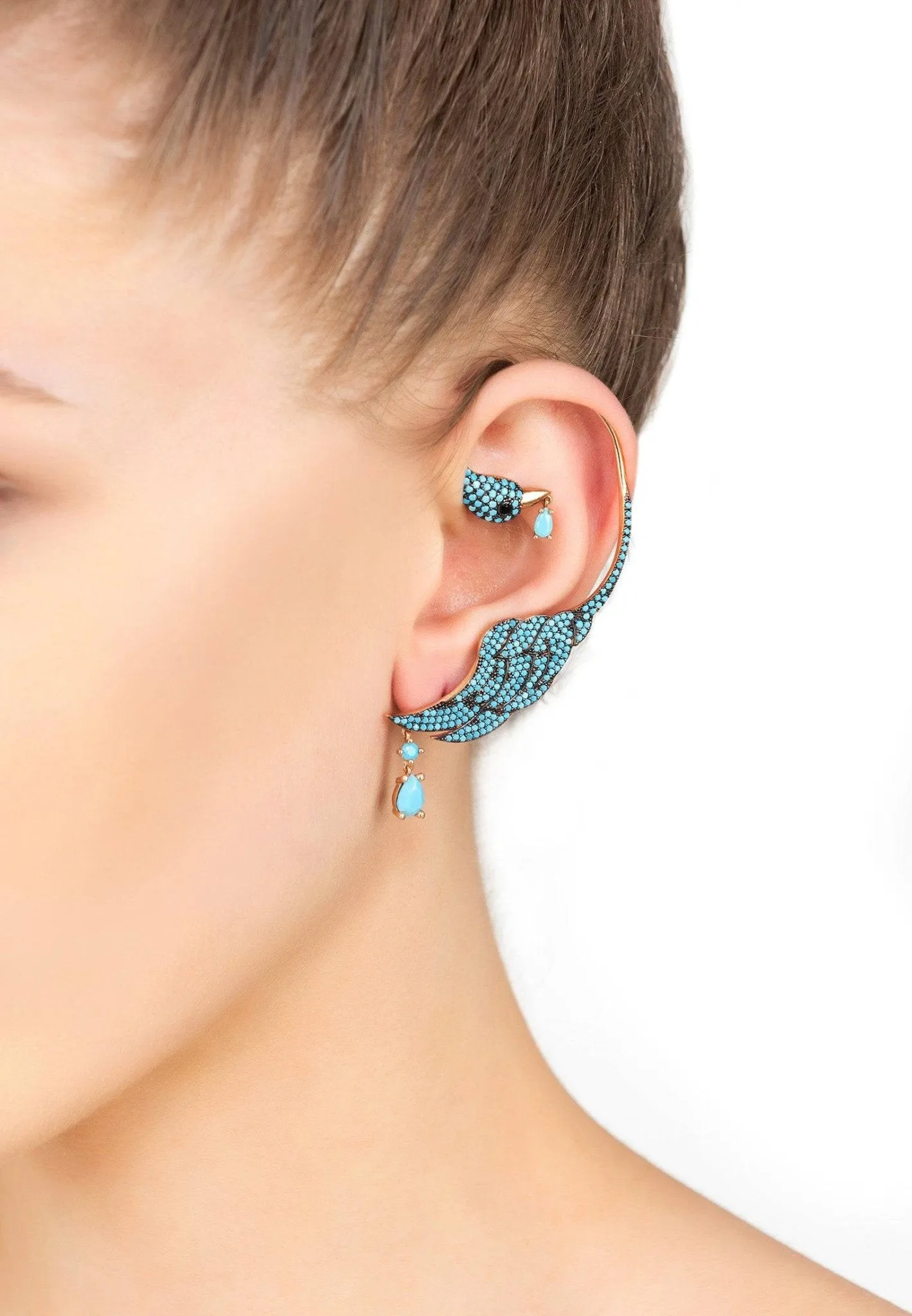 Bird Of Paradise Ear Climber Turquoise Rosegold Left