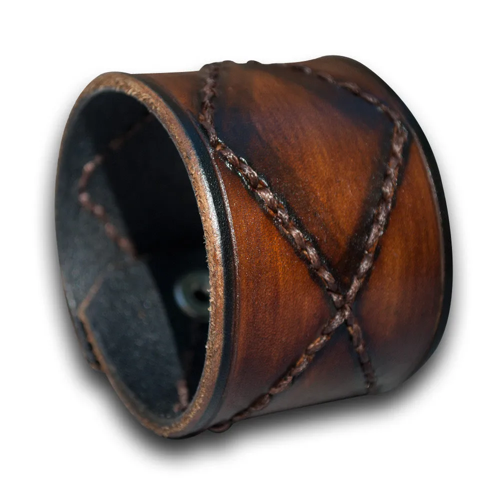 Brown Stressed Leather Cuff Wristband with Hand Stitching & Snap