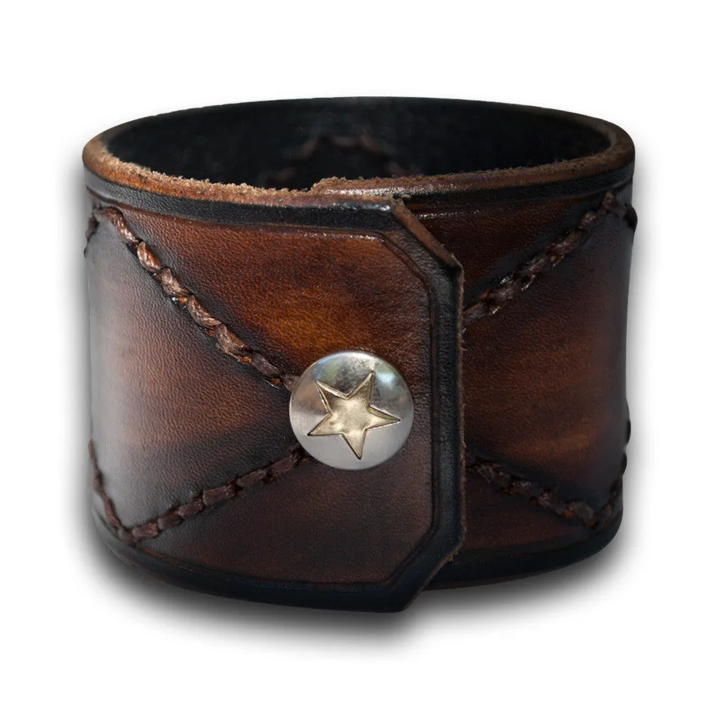 Brown Stressed Leather Cuff Wristband with Hand Stitching & Snap