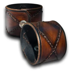 Brown Stressed Leather Cuff Wristband with Hand Stitching & Snap