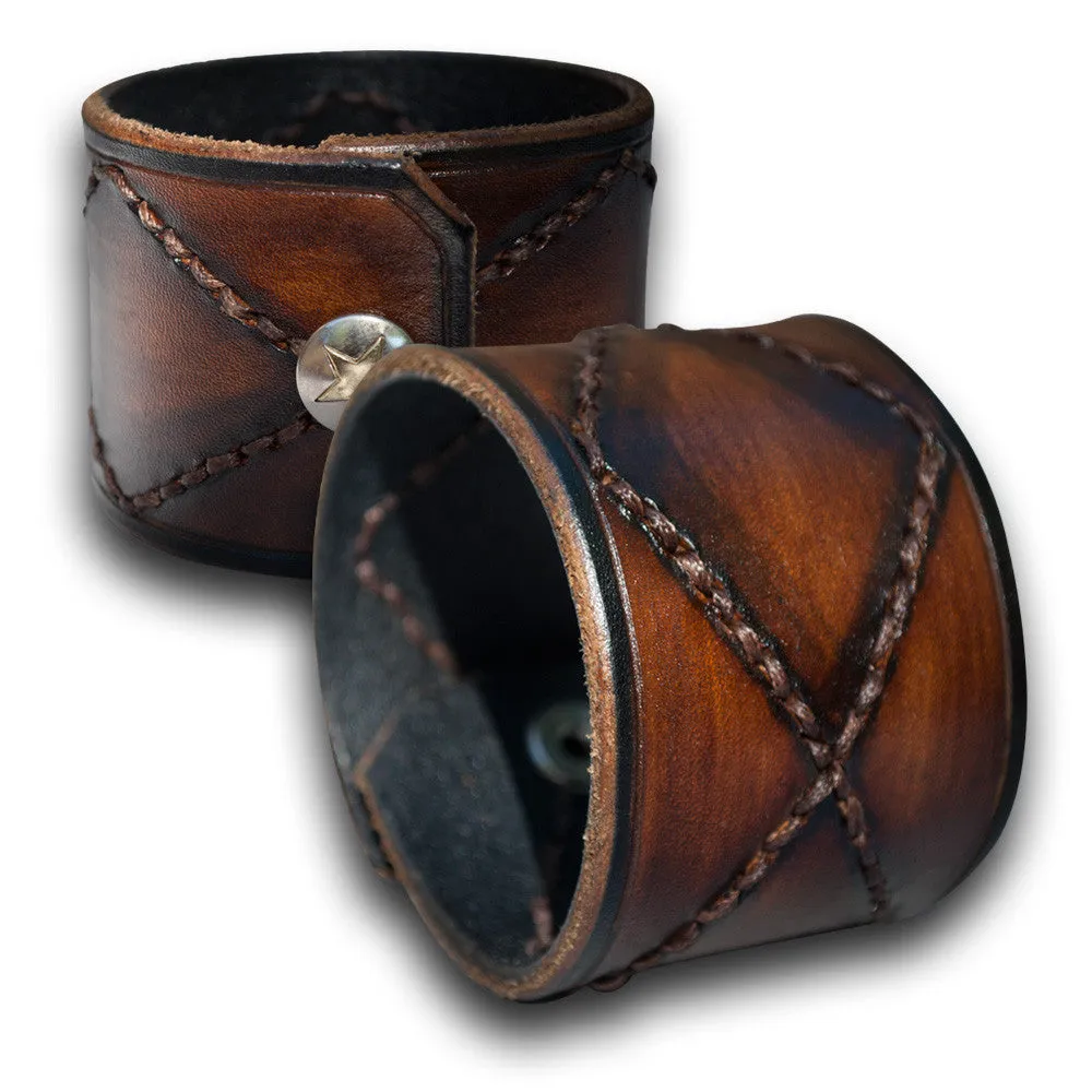 Brown Stressed Leather Cuff Wristband with Hand Stitching & Snap