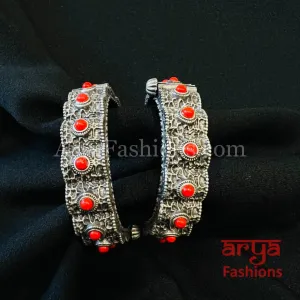 Coral Red Silver Oxidized Openable bangles