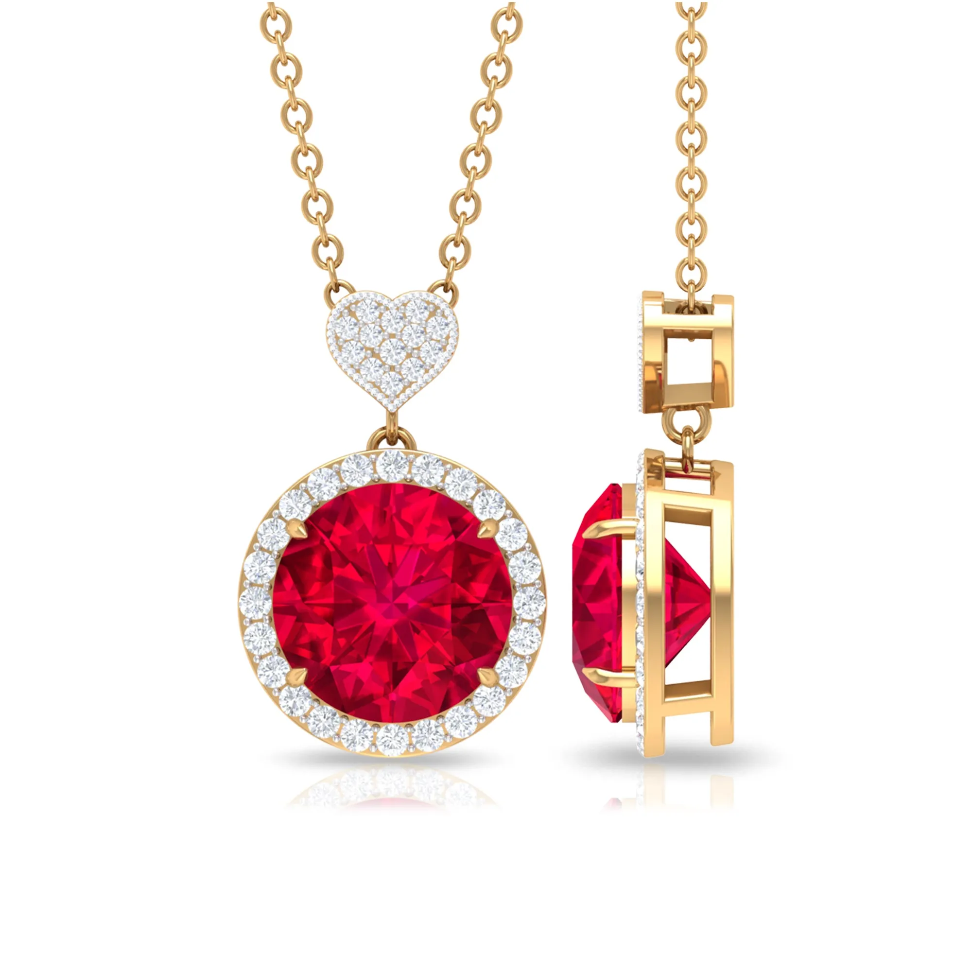 Created Ruby Halo Necklace with Diamond Heart