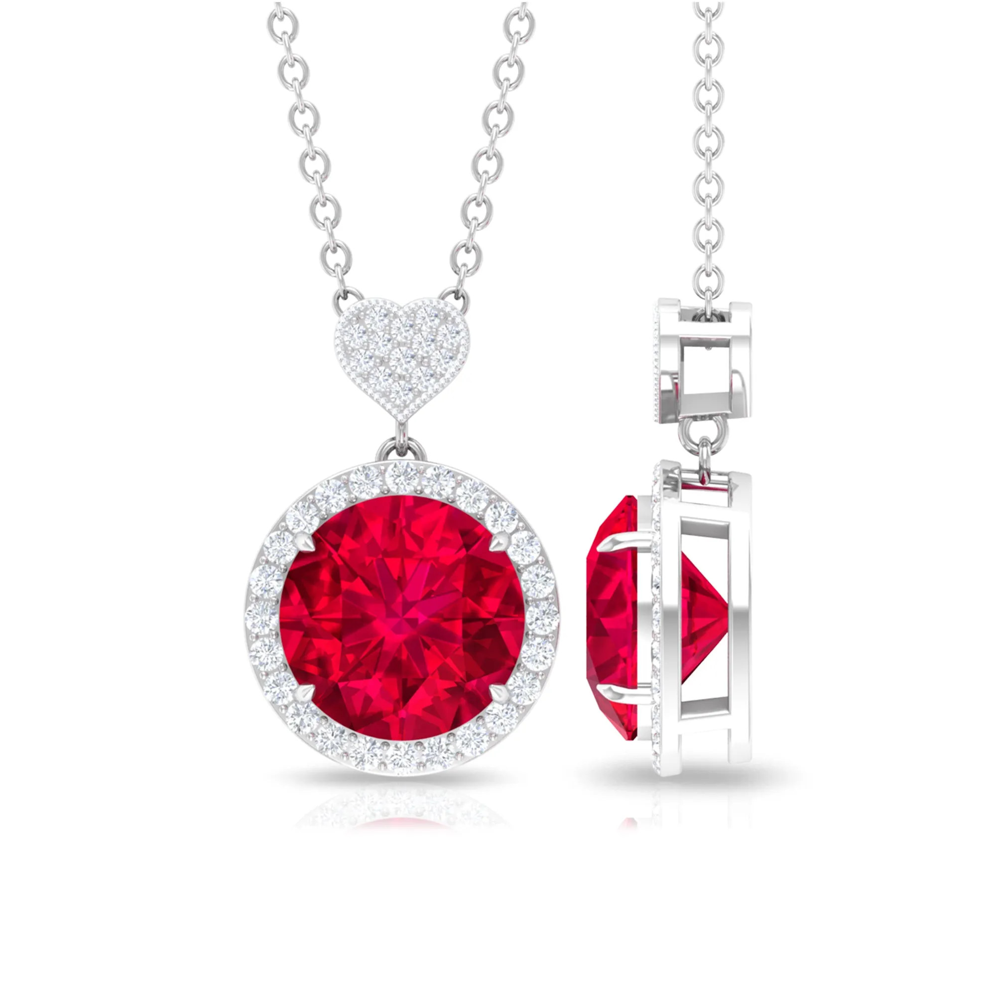 Created Ruby Halo Necklace with Diamond Heart