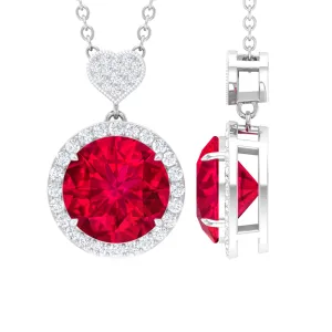 Created Ruby Halo Necklace with Diamond Heart