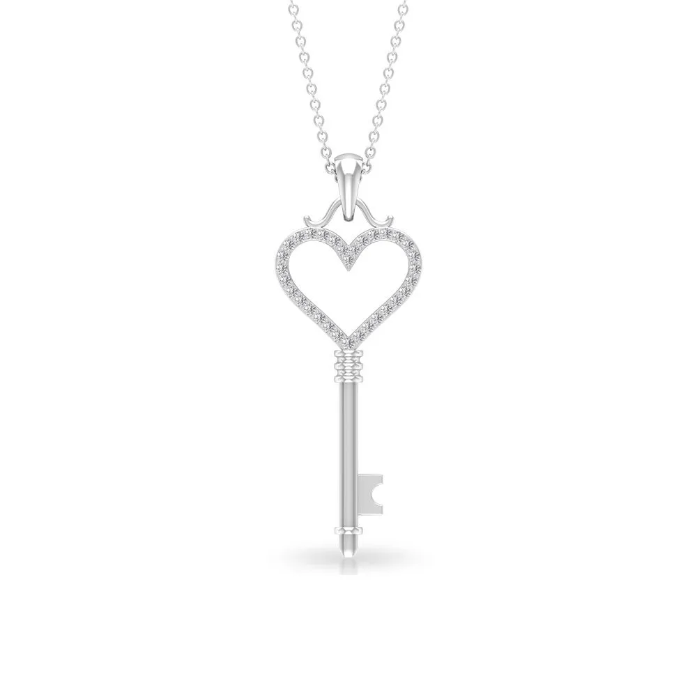 Cubic Zirconia Open Heart Key Pendant Necklace