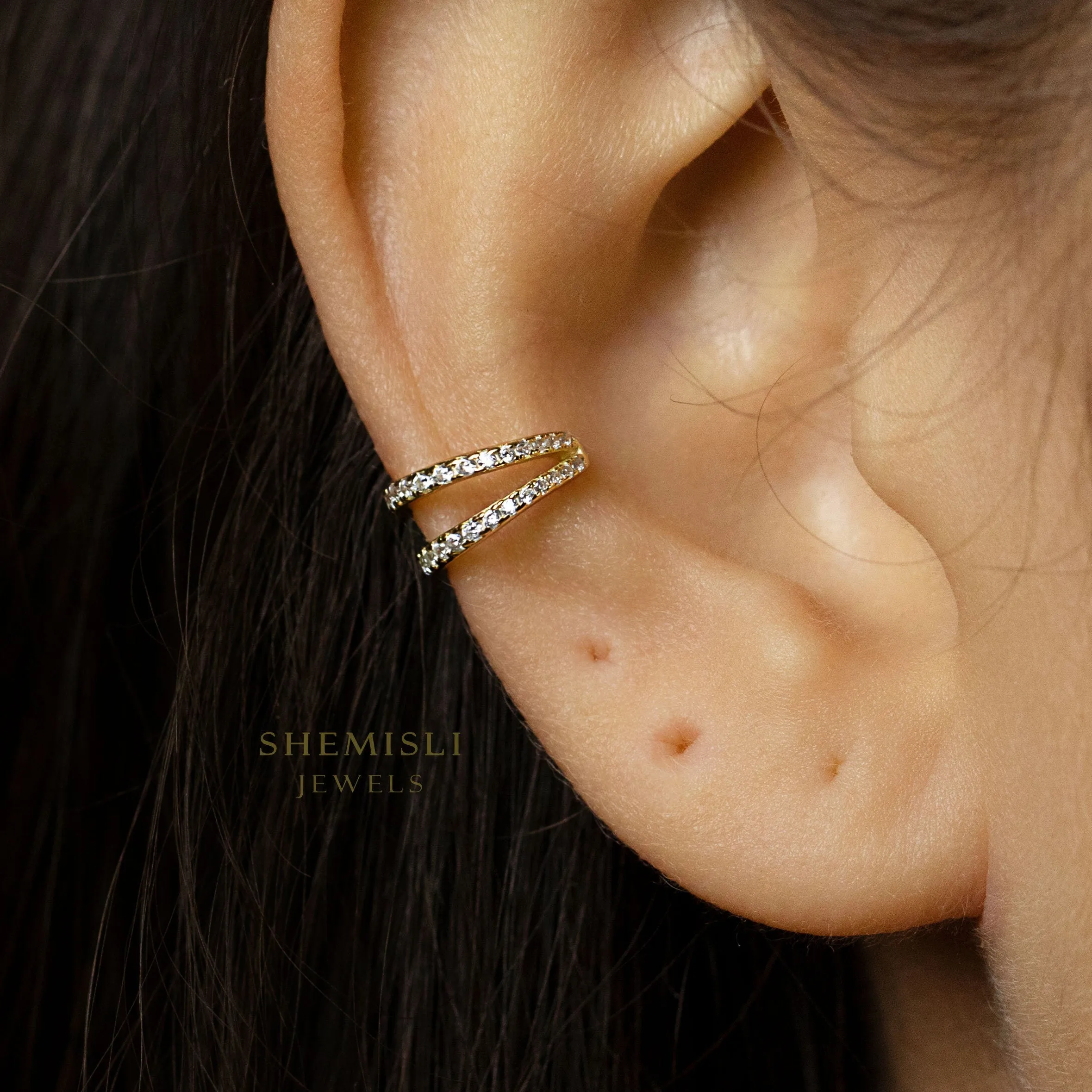 Double Lined CZ Ear Conch Cuff, Earring No Piercing is Needed, Unisex, Gold, Silver SHEMISLI - SF024