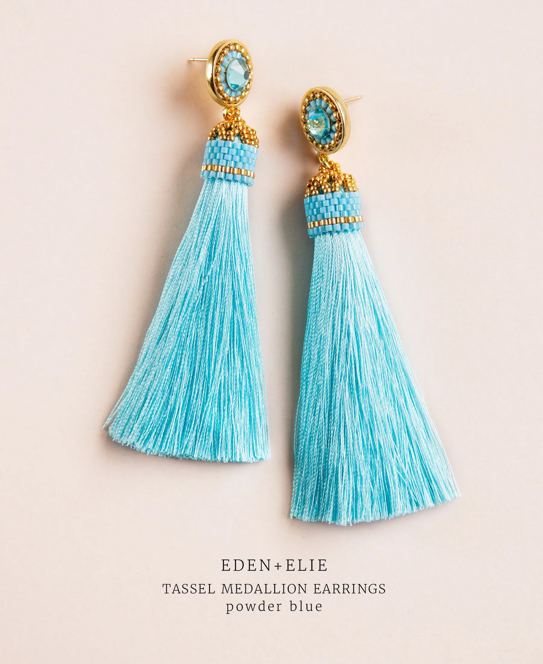 EDEN   ELIE silk tassel statement earrings - powder blue