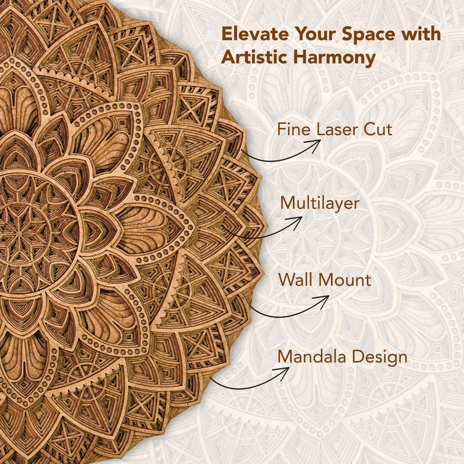 Ekhasa 3D Laser Cut Mandala Wooden Wall Art Decor - Carved Round Wall Hanging, Circular Mandala Art for Living Room, Handcrafted Wood Carving Wall Decor, Perfect Wooden Flower Wall Art for Home Decoration