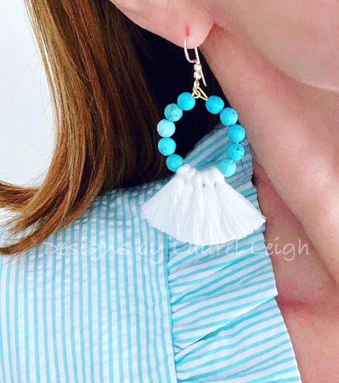 Gemstone Beaded Tassel Hoop Earrings - White or Black & Turquoise