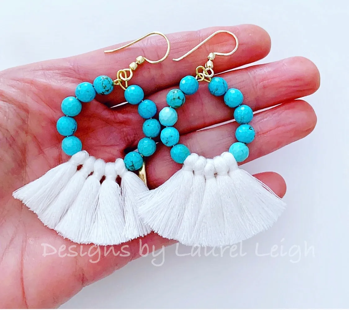 Gemstone Beaded Tassel Hoop Earrings - White or Black & Turquoise