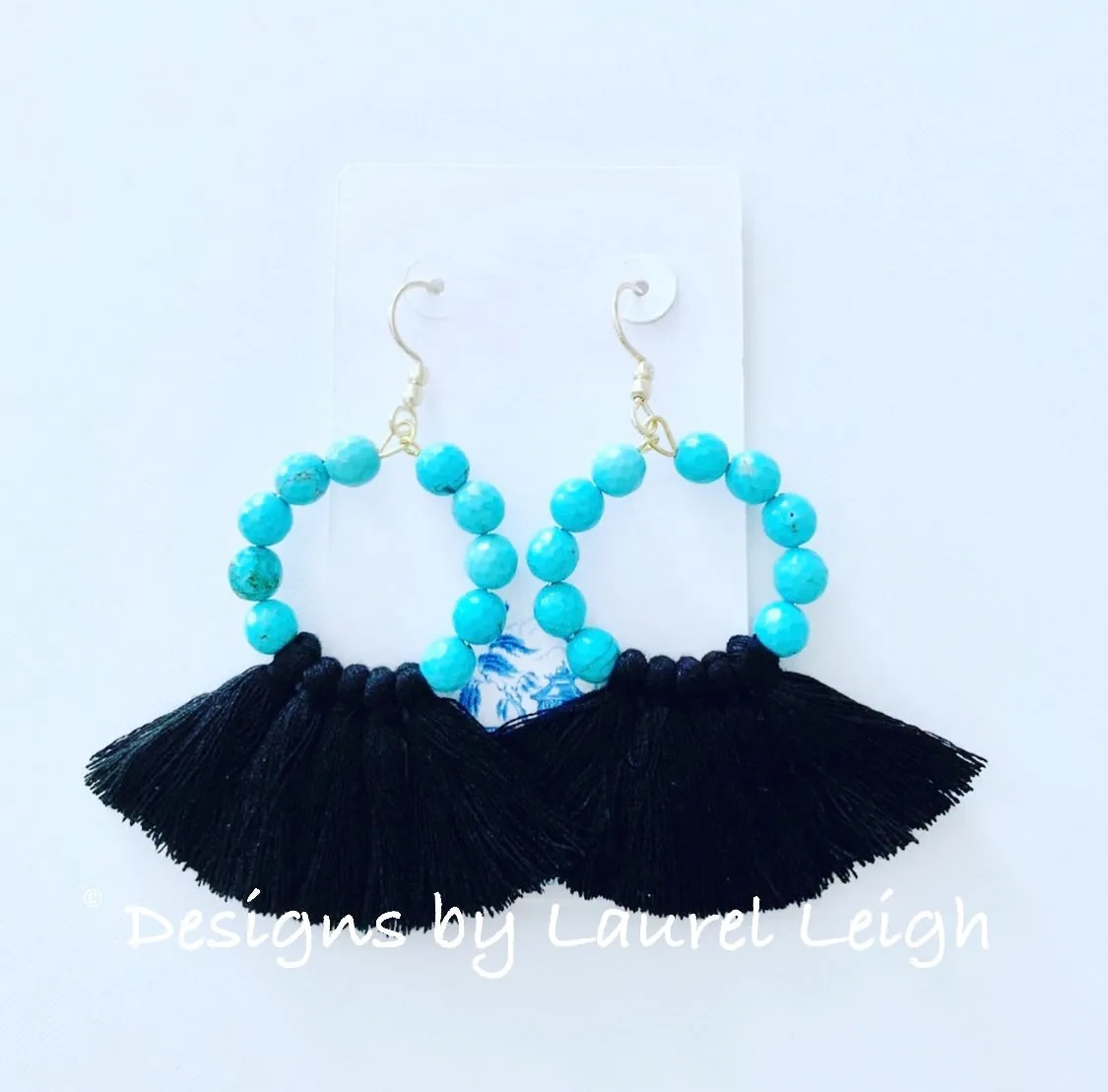 Gemstone Beaded Tassel Hoop Earrings - White or Black & Turquoise