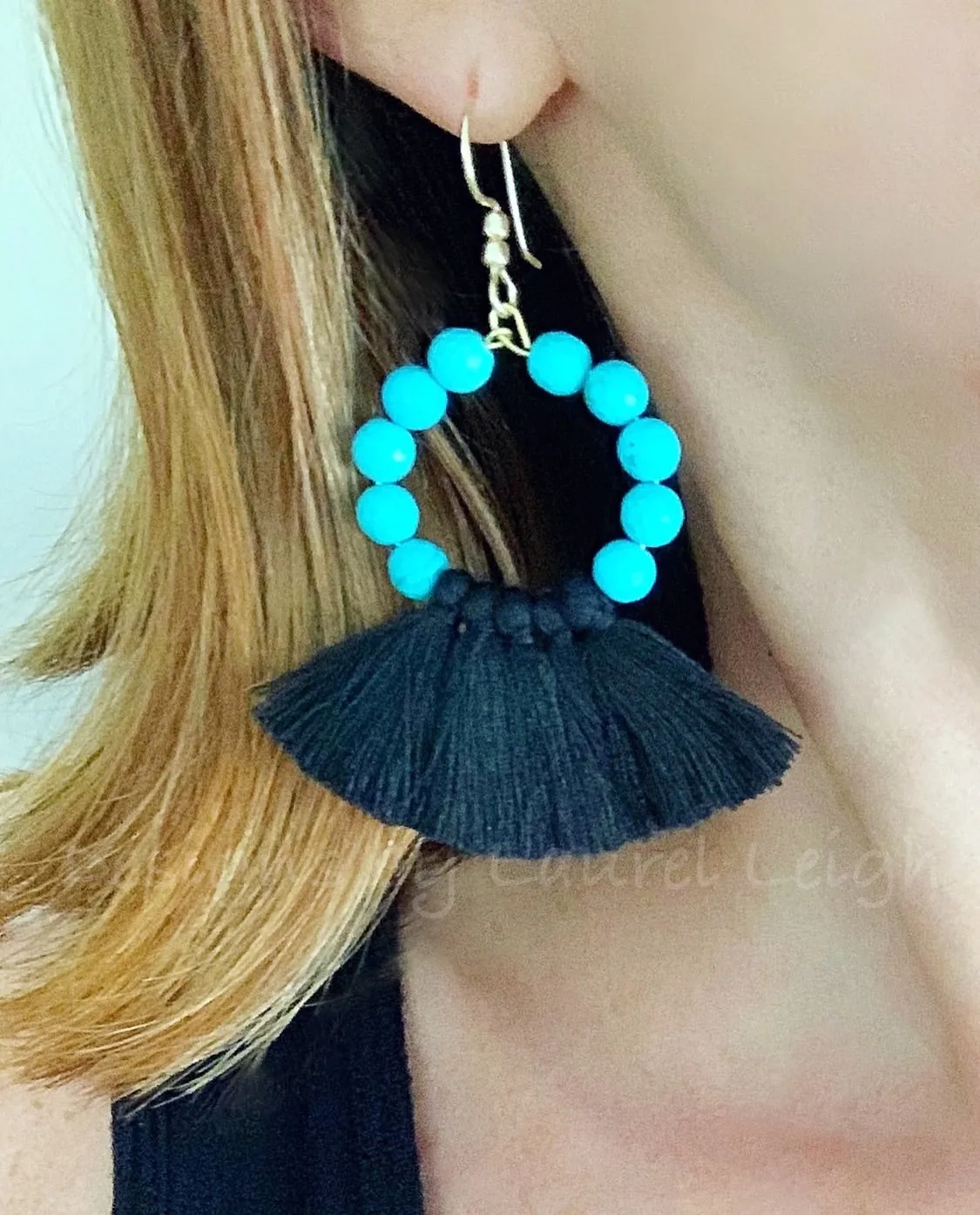 Gemstone Beaded Tassel Hoop Earrings - White or Black & Turquoise