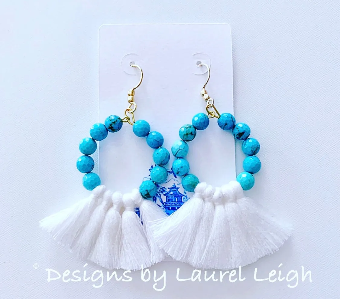 Gemstone Beaded Tassel Hoop Earrings - White or Black & Turquoise