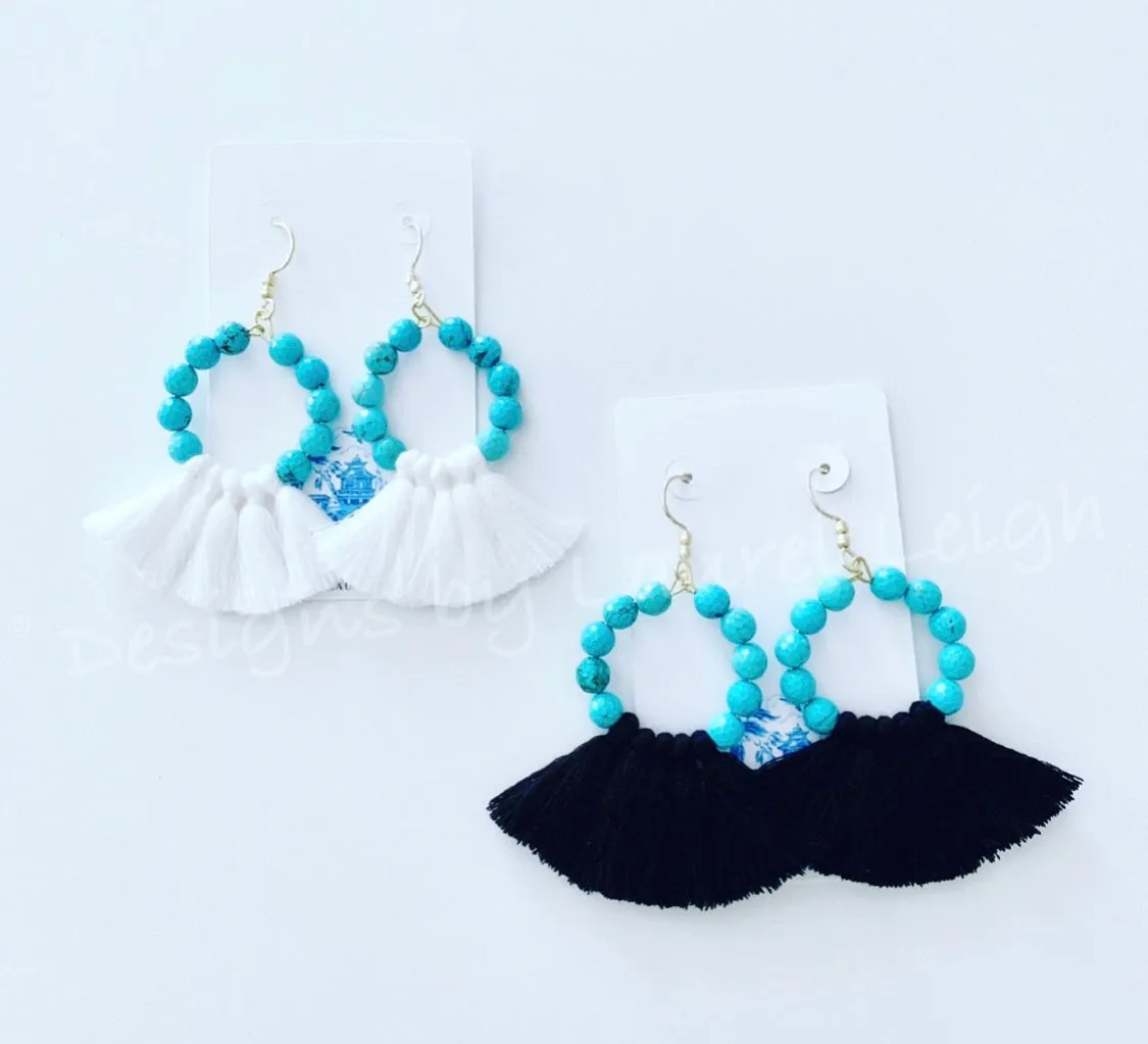 Gemstone Beaded Tassel Hoop Earrings - White or Black & Turquoise