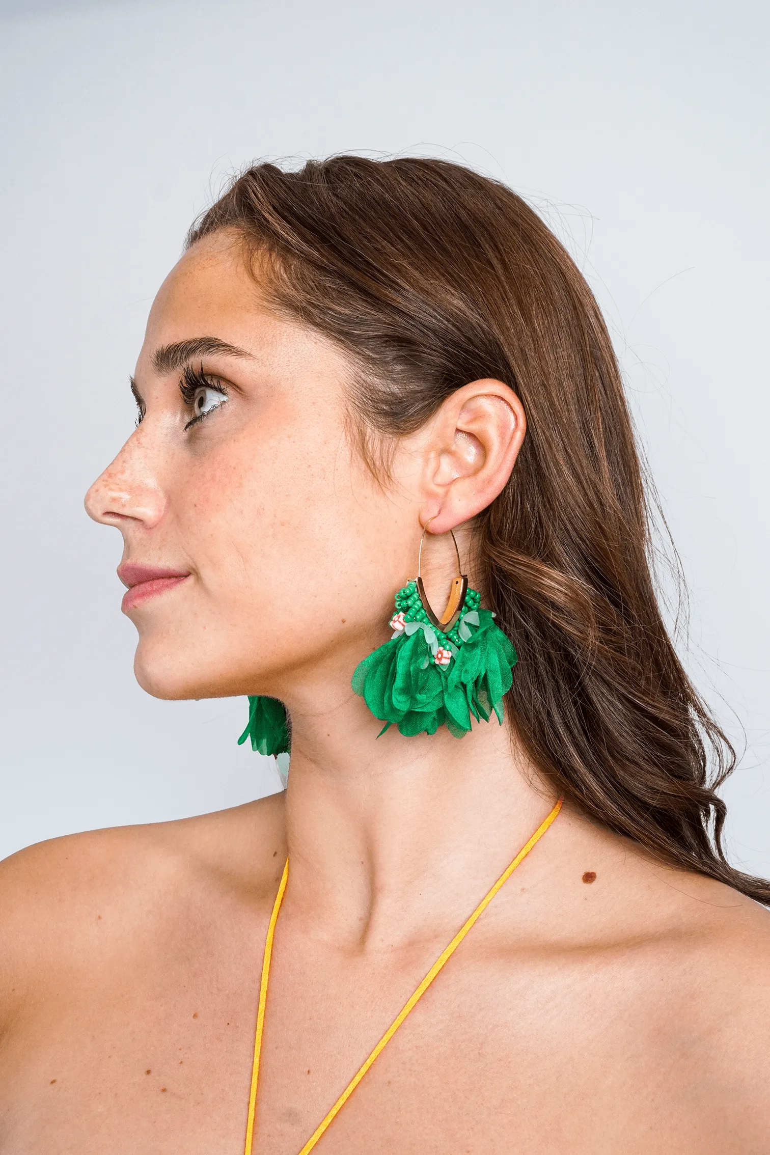 Green Mesh Petal Tassel Beaded Earrings