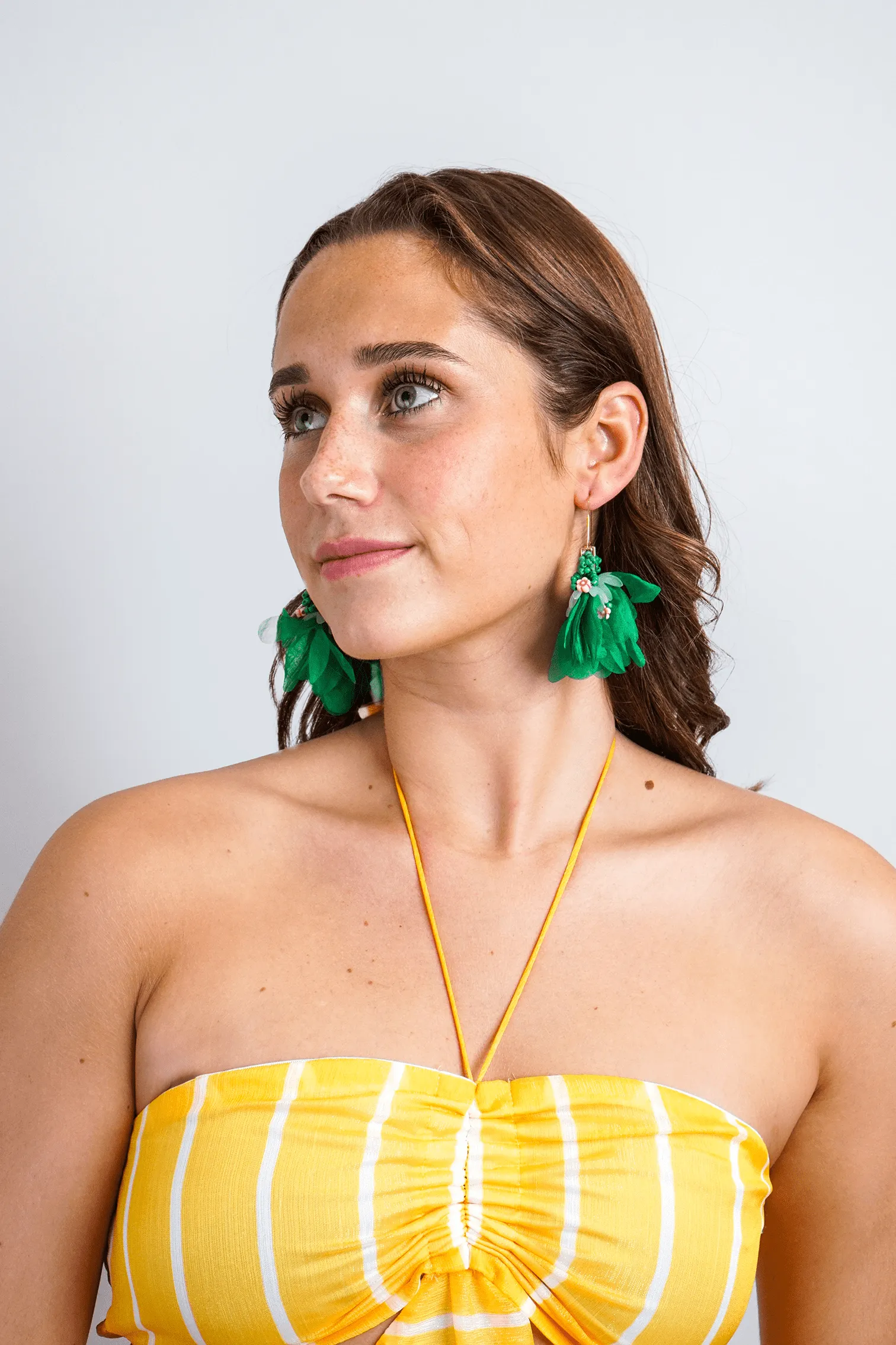 Green Mesh Petal Tassel Beaded Earrings