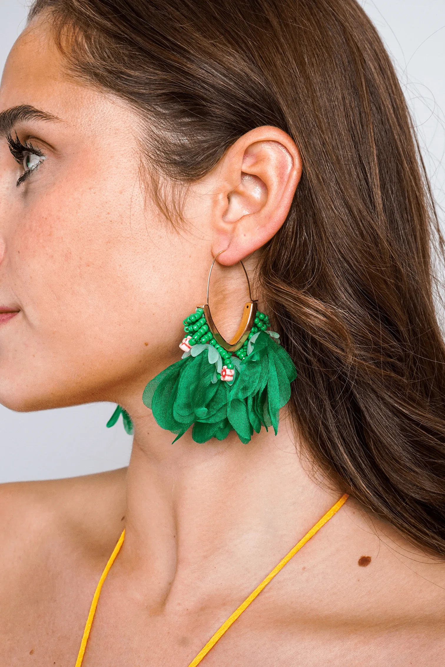 Green Mesh Petal Tassel Beaded Earrings