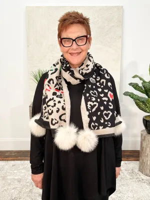 Heart Animal Pattern Scarf with Fur Pom Poms, Black/Ivory