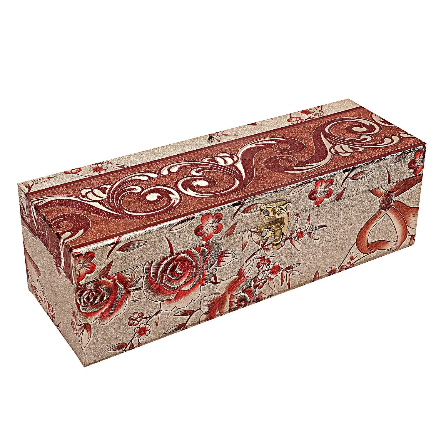 Heart Home Multipurpose Wooden Floral Design 1 Rod Bangle Box/Organizer/Case With Swing Arm Lock- Pack of 2 (Gold)-47HH0647