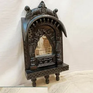 Indian Hand Carved Wooden Vintage Style Mehrab Window Mirror Frame Black 34cm