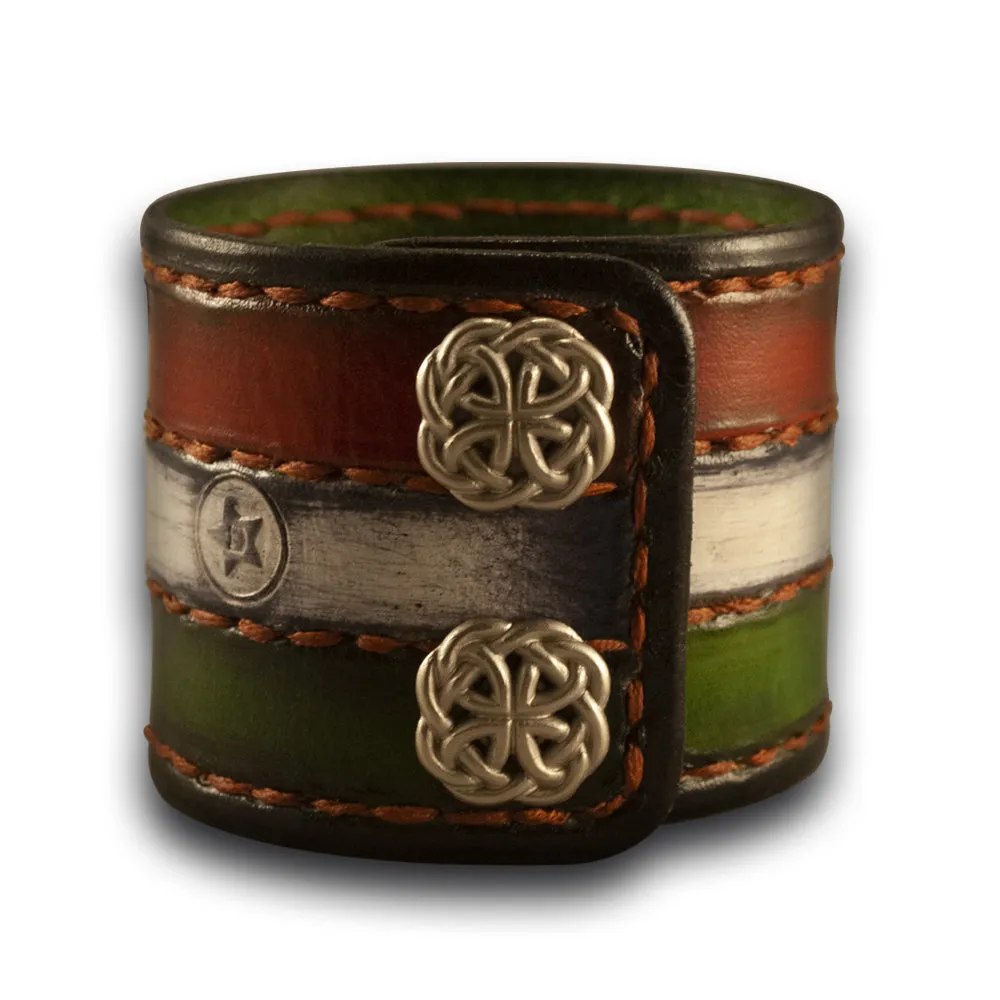 Irish Flag Leather Cuff Wristband with Rust Stitching