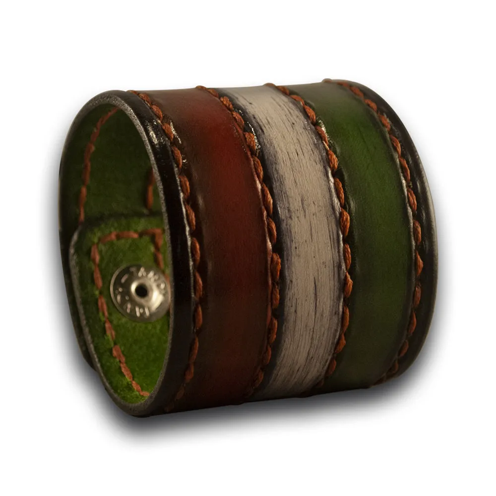 Irish Flag Leather Cuff Wristband with Rust Stitching