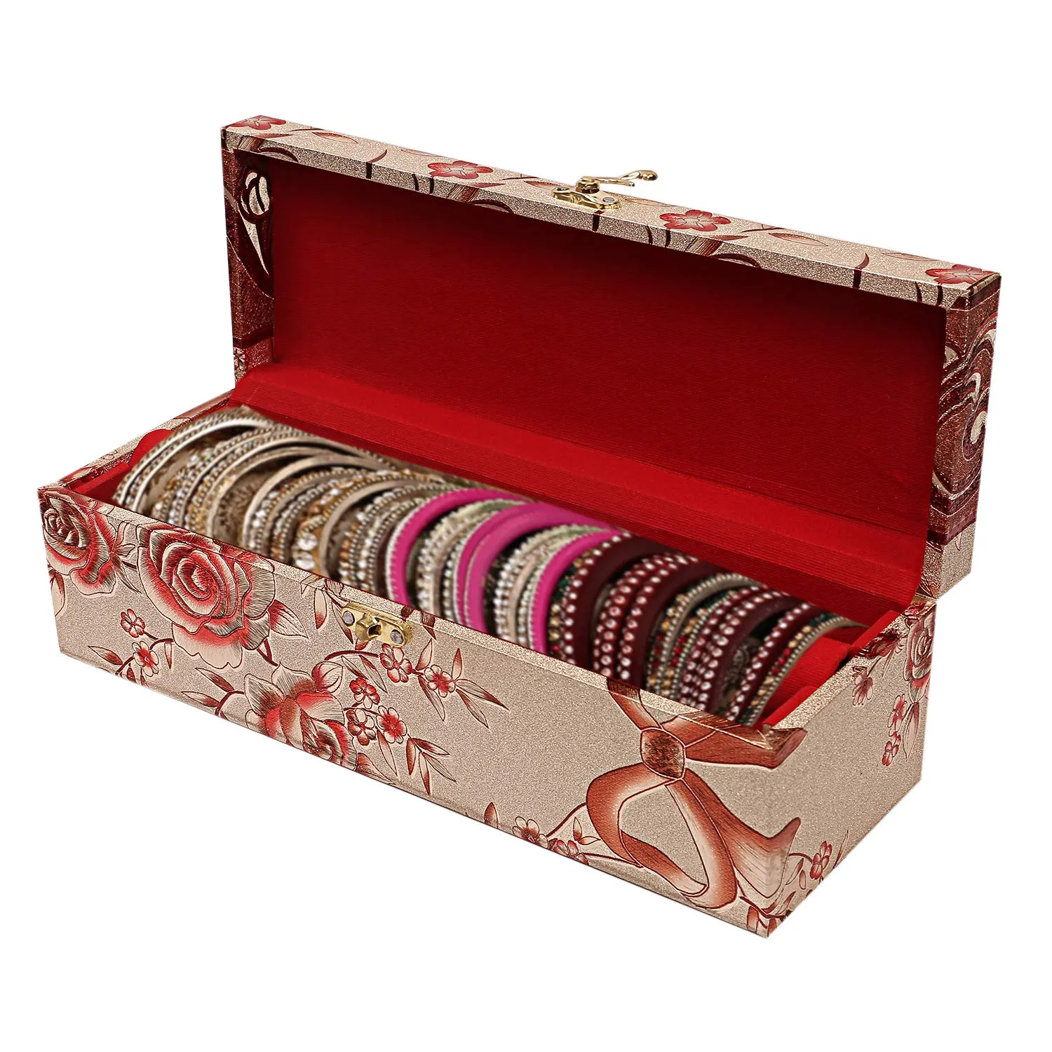 Kuber Industries Floral Design Wooden 1 Rod Bangle Box/Organizer For Bangle, Watches, Bracelets, Jewllery With Swing Arm Lock (Gold)-47KM0646