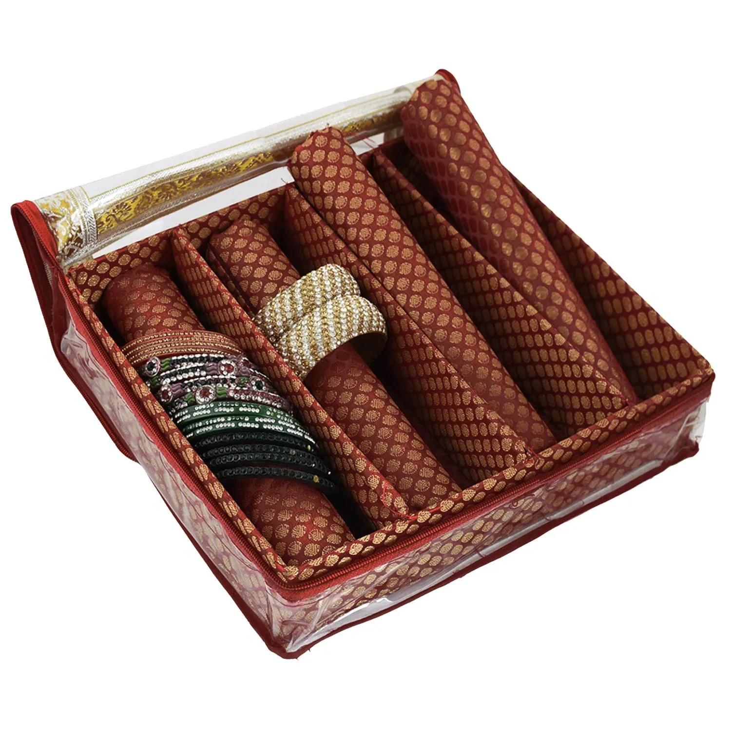 Kuber Industries Polka Dots Design Brocade Hardboard 2 Pieces Four Rod Bangle Box (Maroon) -CTKTC38824