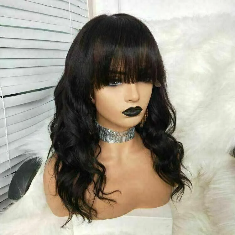 Luxury Fringe Bangs Wavy Black Body Wave 100% Human Hair Swiss 13x4 Lace Front Glueless Wig #1B U-Part, 360 or Full Lace Upgrade Available