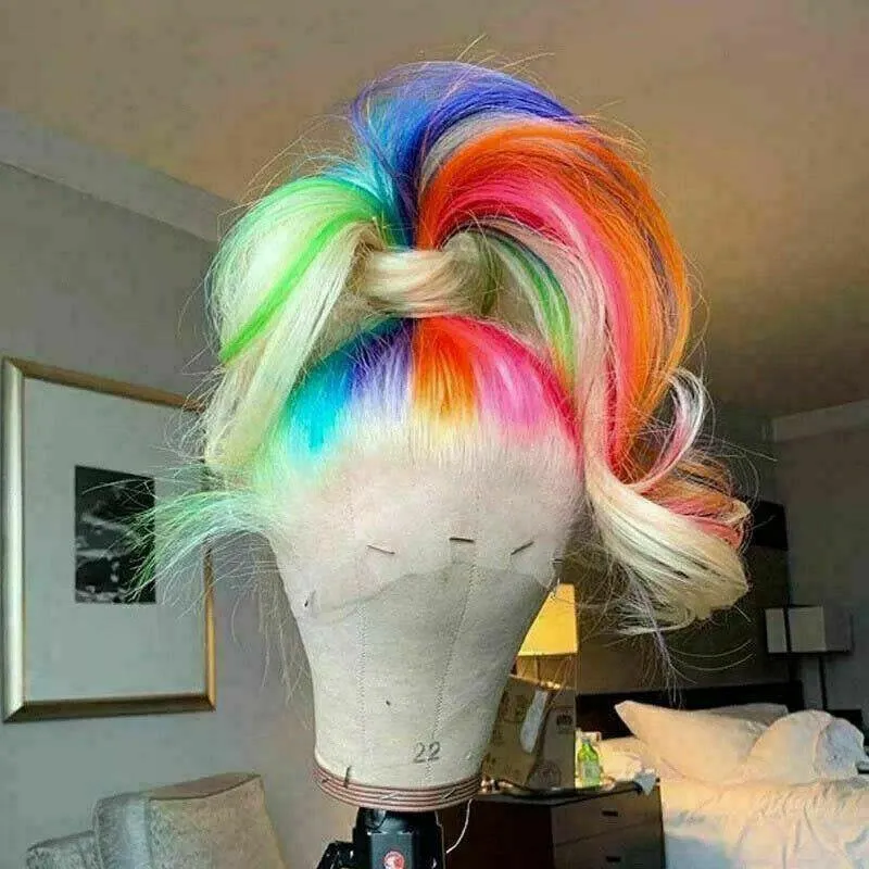 Luxury Lace Rainbow Orange Purple Green Blue Neon Bright Cosplay 100% Human Hair Swiss 13x4 Lace Front Glueless Wig Colouful